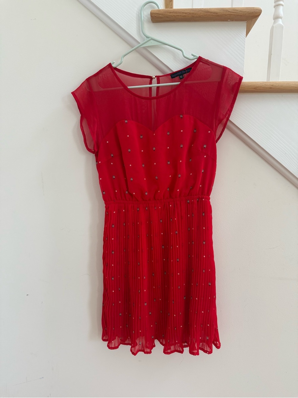 Ladybug Red Pleated Mini Dress with Sheer Yoke